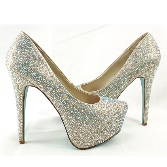 Blue by Betsey Johnson Champagne Sparkly Rhinestones Wish Heels Platforms Pumps - Picture 4 of 9